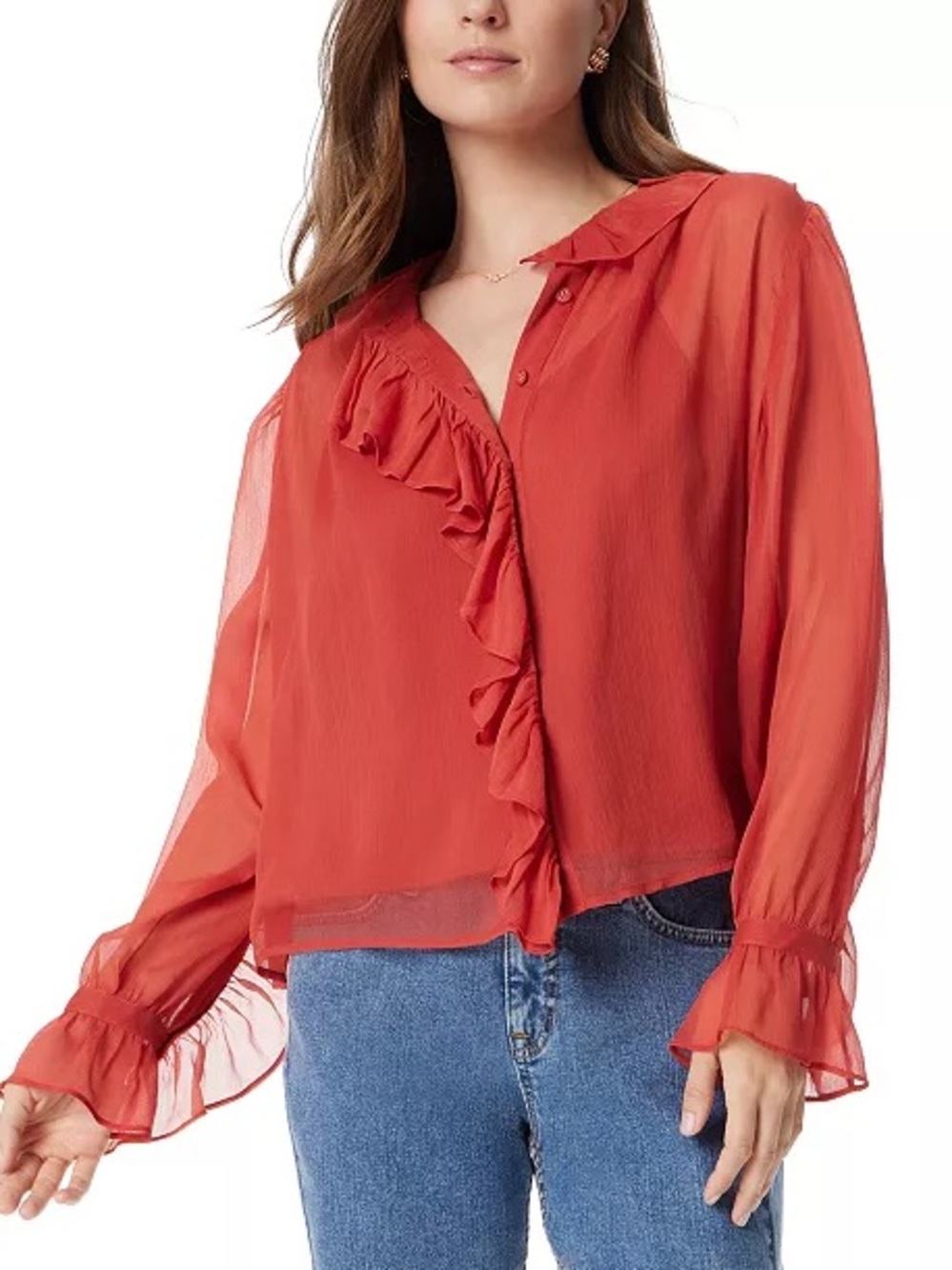Sam Edelman Coral Ruffle-Trim Sheer Blouse